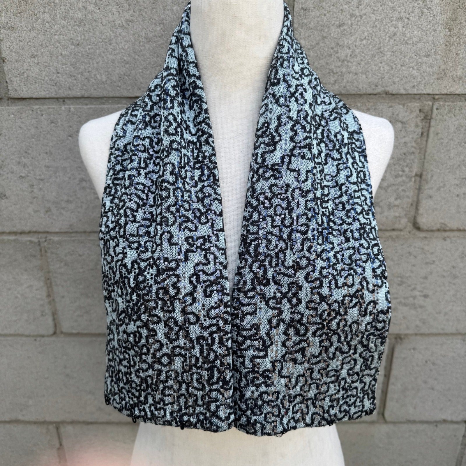 Light Blue Black Abstract Knit Sequin Metallic Textured Scarf Wrap Glam Sparkly