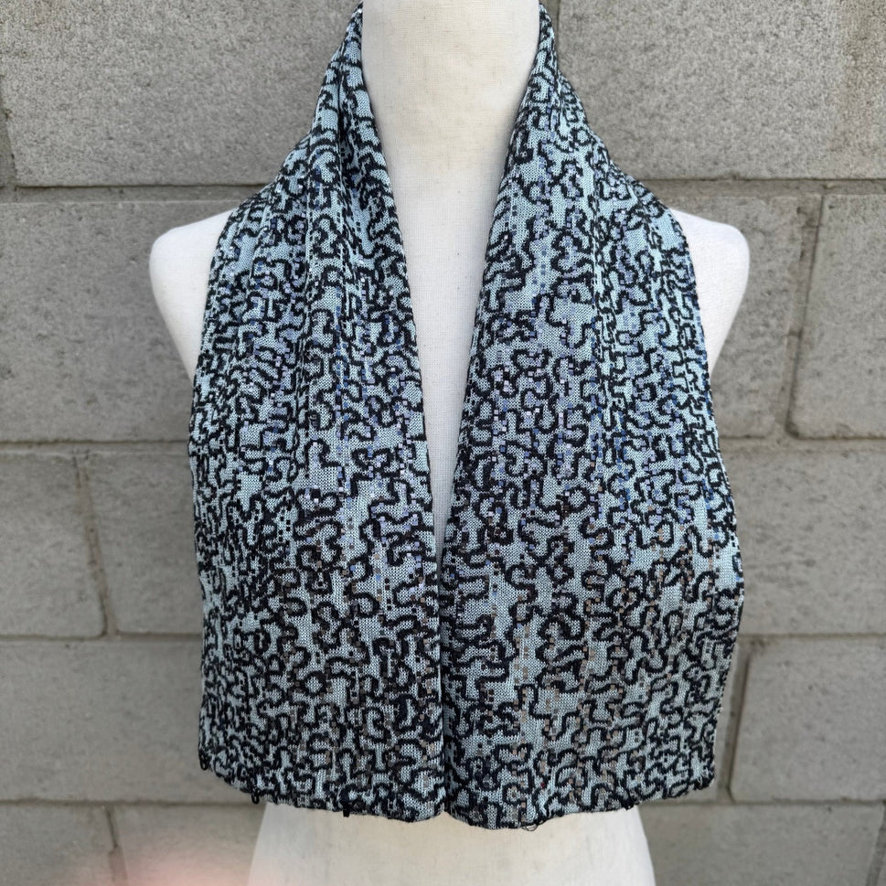 Light Blue Black Abstract Knit Sequin Metallic Textured Scarf Wrap Glam Sparkly