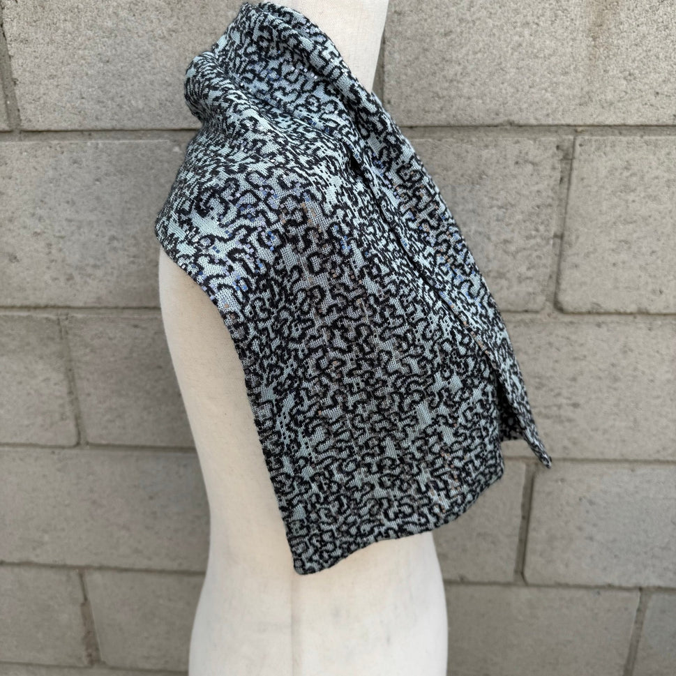 Light Blue Black Abstract Knit Sequin Metallic Textured Scarf Wrap Glam Sparkly