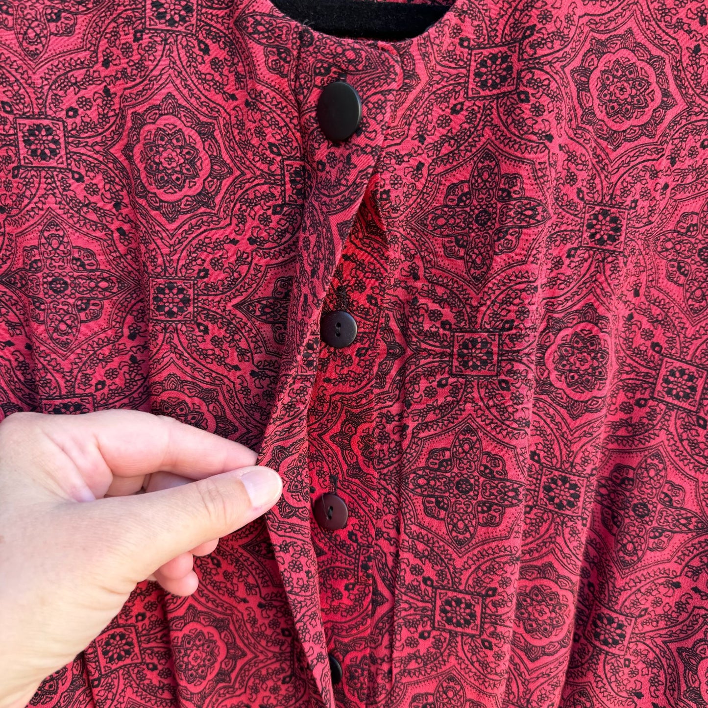 Karin Stevens Vintage Red Black Paisley Pleated Button-Front Boho Pocket Dress