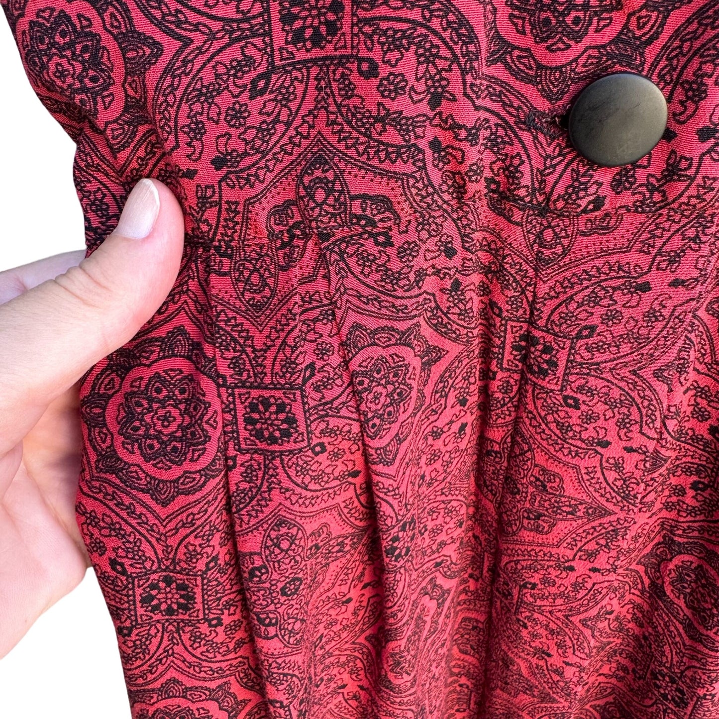 Karin Stevens Vintage Red Black Paisley Pleated Button-Front Boho Pocket Dress