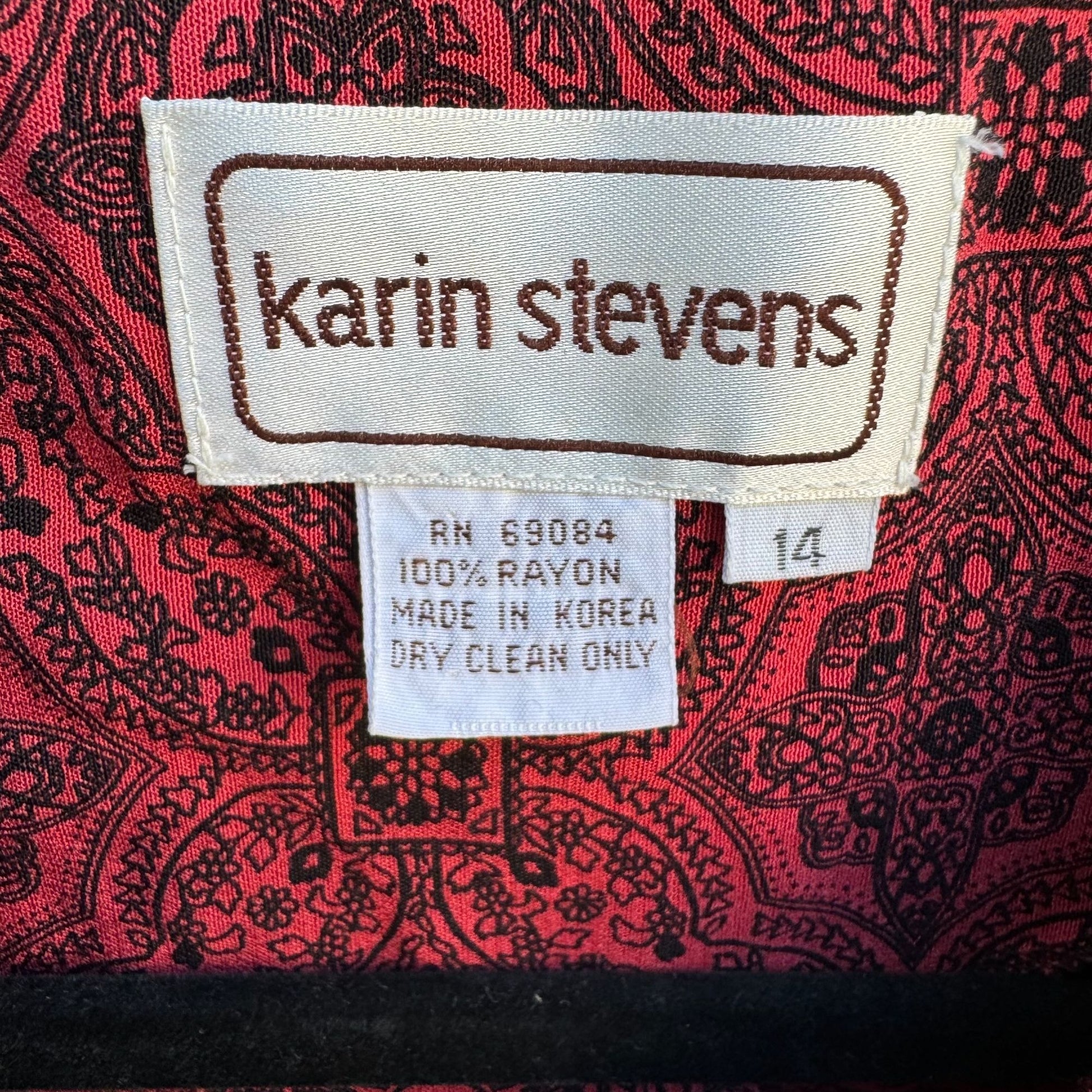 Karin Stevens Vintage Red Black Paisley Pleated Button-Front Boho Pocket Dress