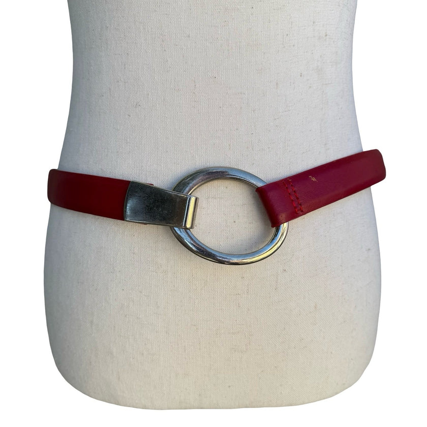 Vintage Red Skinny Belt Silver Oval Ring Hook Buckle SMP81053 OS Womens Retro