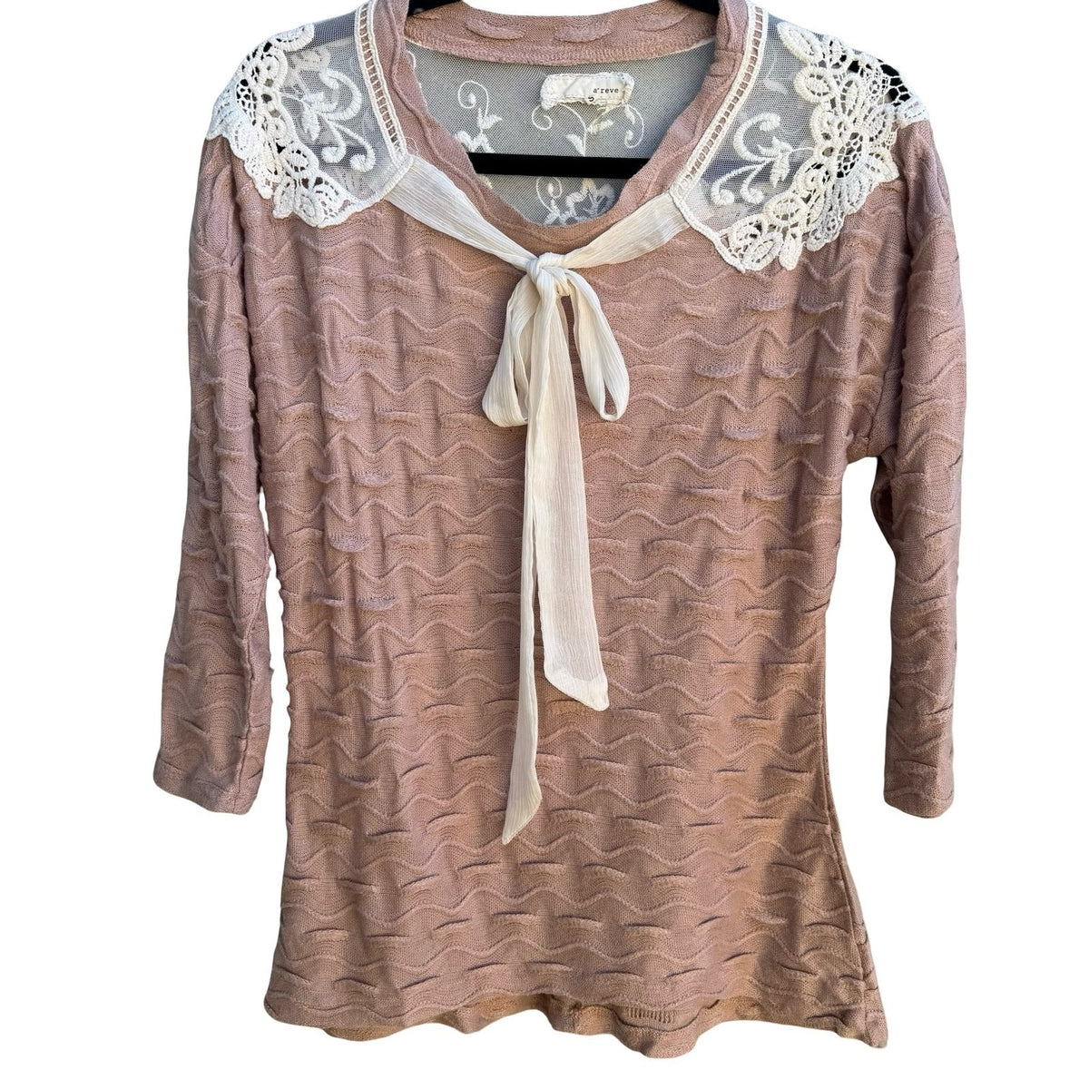 A'reve Coquette Romantic Wavy Textured Knit Mesh Lace Yoke Tie Neck Sweater S