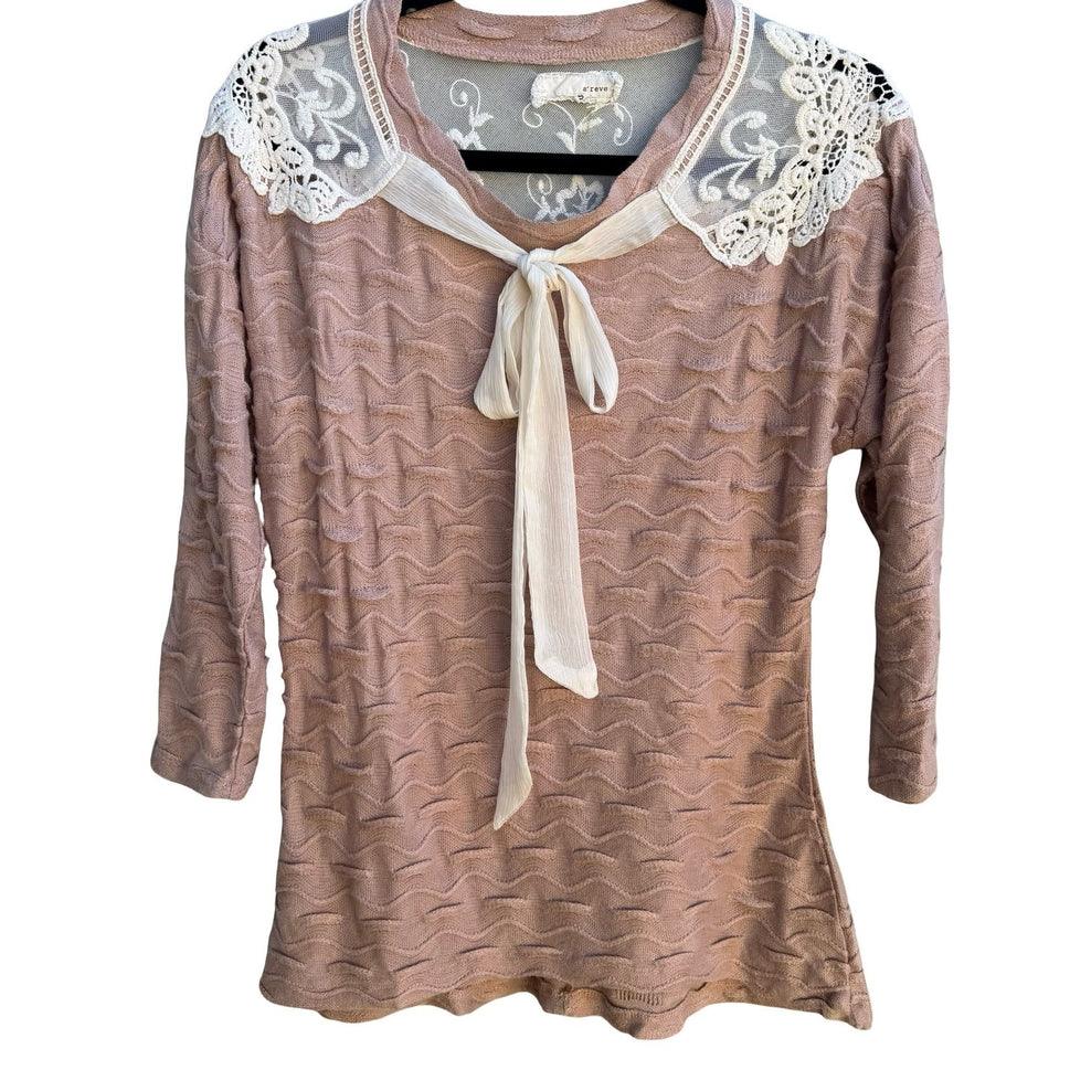 A'reve Coquette Romantic Wavy Textured Knit Mesh Lace Yoke Tie Neck Sweater S