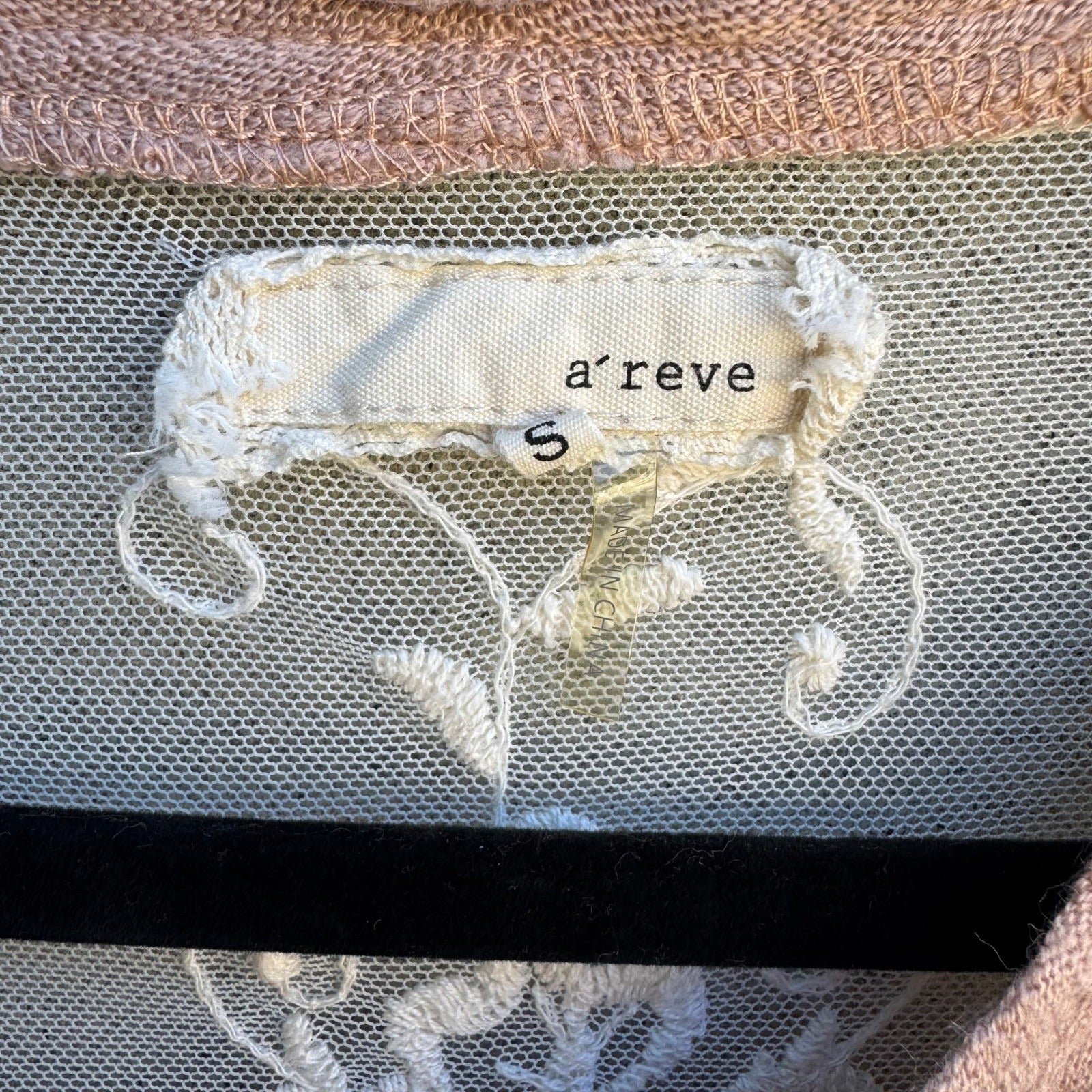 A'reve Coquette Romantic Wavy Textured Knit Mesh Lace Yoke Tie Neck Sweater S