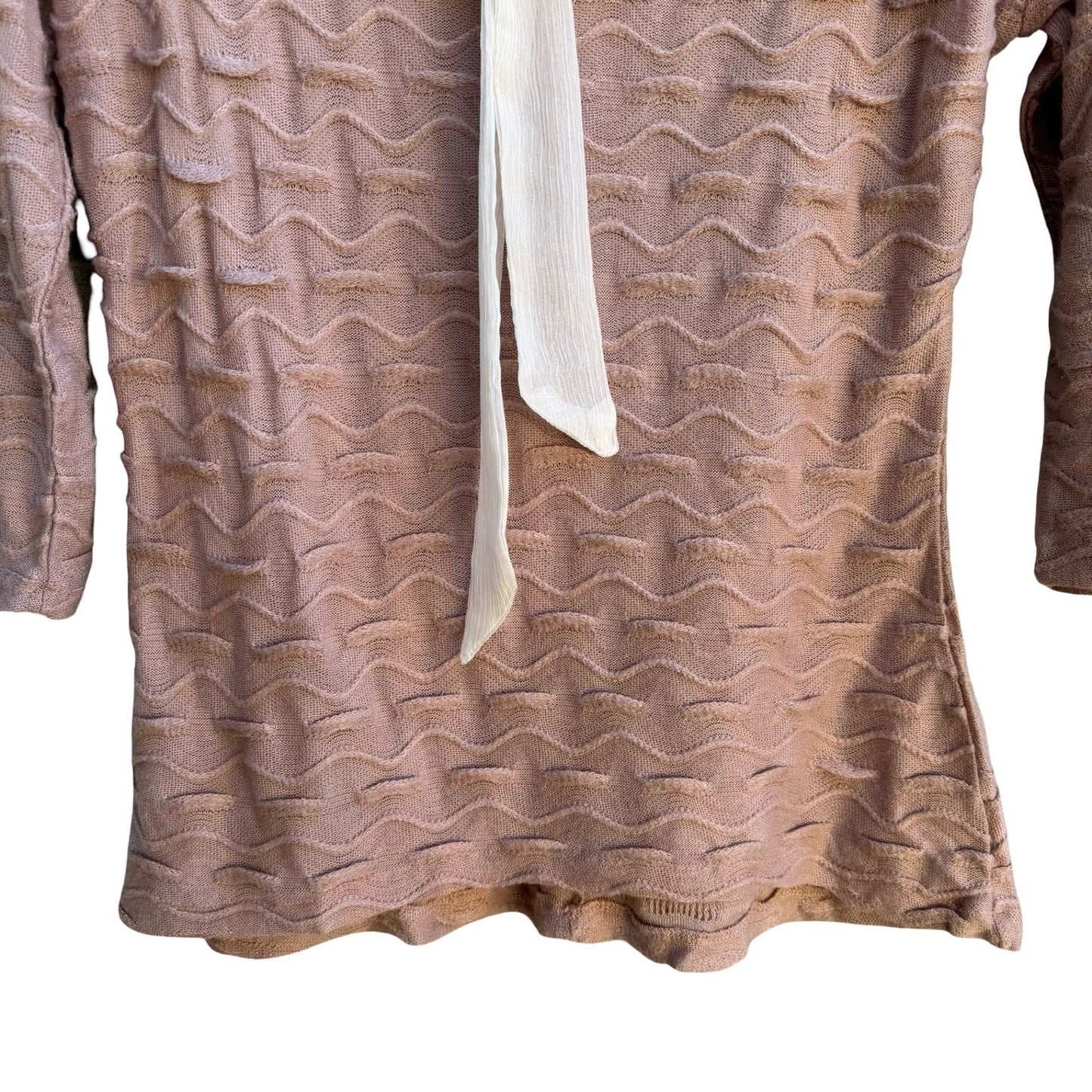 A'reve Coquette Romantic Wavy Textured Knit Mesh Lace Yoke Tie Neck Sweater S