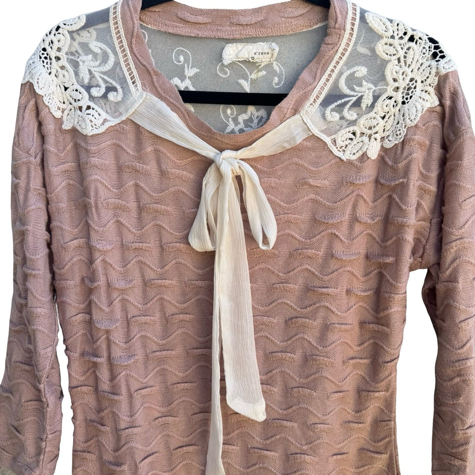A'reve Coquette Romantic Wavy Textured Knit Mesh Lace Yoke Tie Neck Sweater S