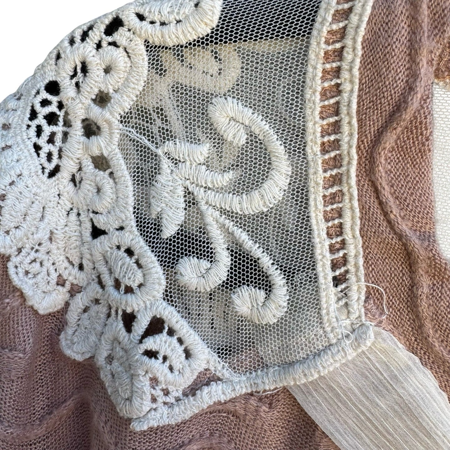 A'reve Coquette Romantic Wavy Textured Knit Mesh Lace Yoke Tie Neck Sweater S