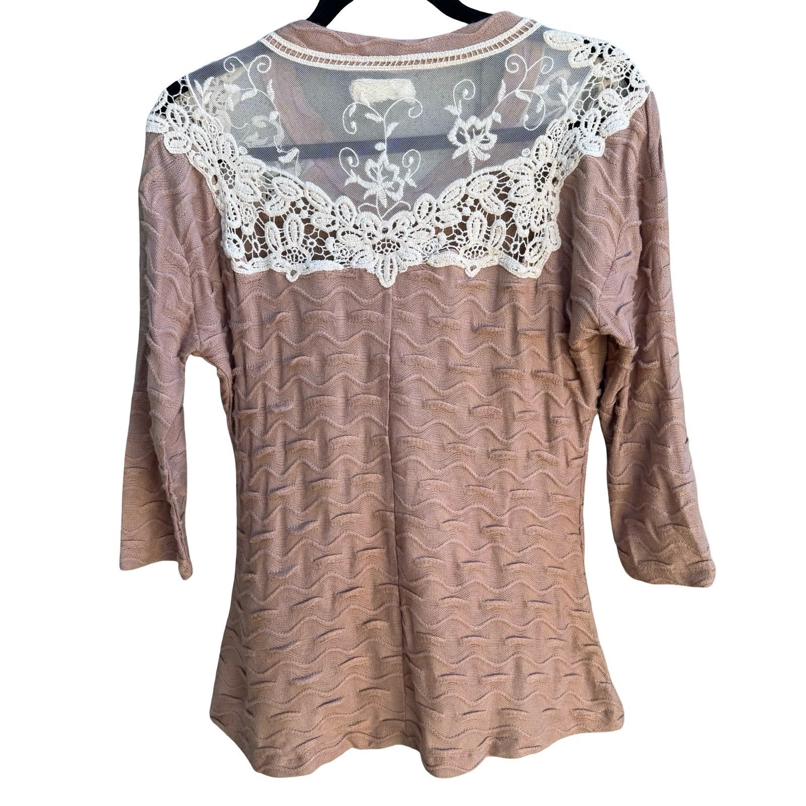 A'reve Coquette Romantic Wavy Textured Knit Mesh Lace Yoke Tie Neck Sweater S
