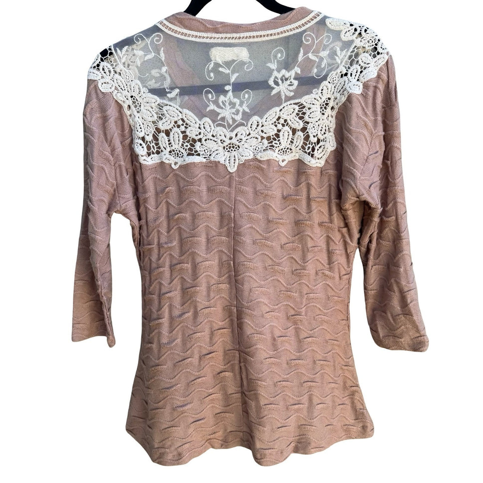 A'reve Coquette Romantic Wavy Textured Knit Mesh Lace Yoke Tie Neck Sweater S