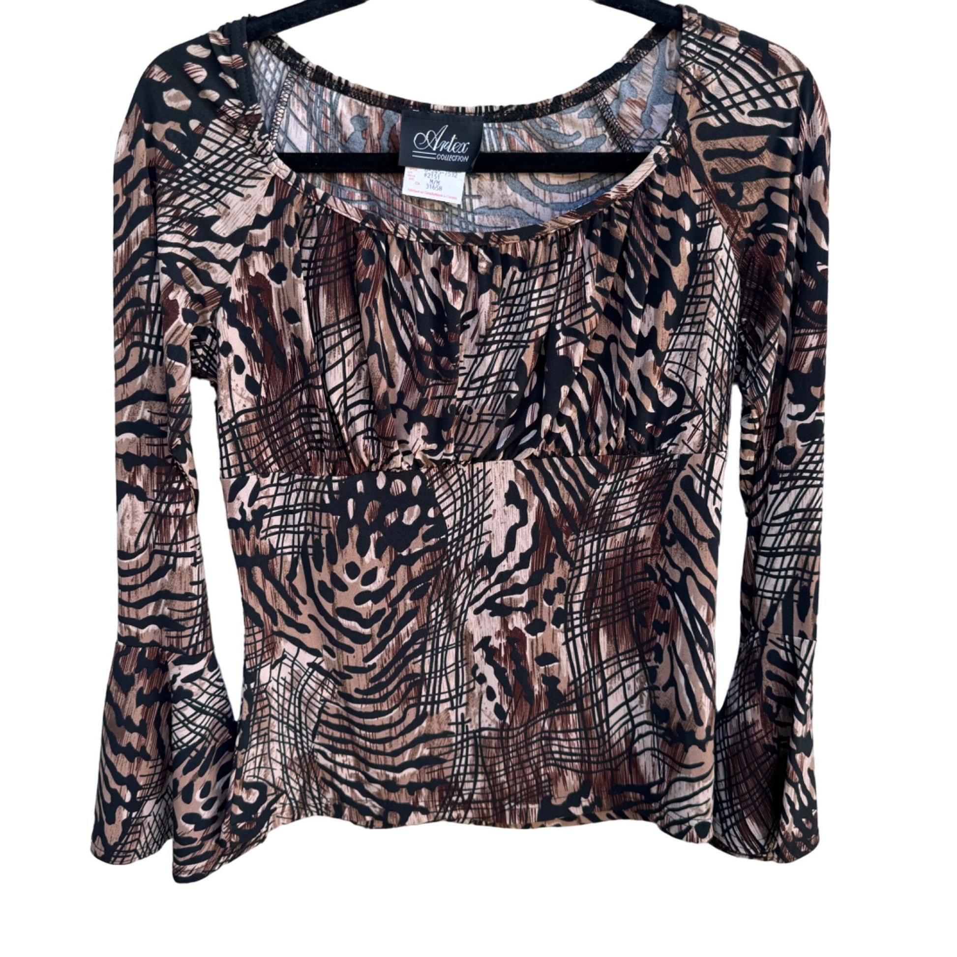 Artex Fashions Womens Black Brown Animal Print Boat Neck Bell Sleeve Top Blouse