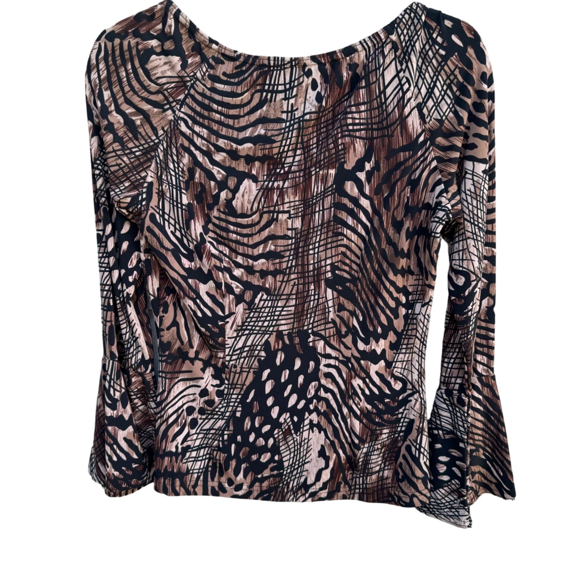 Artex Fashions Womens Black Brown Animal Print Boat Neck Bell Sleeve Top Blouse