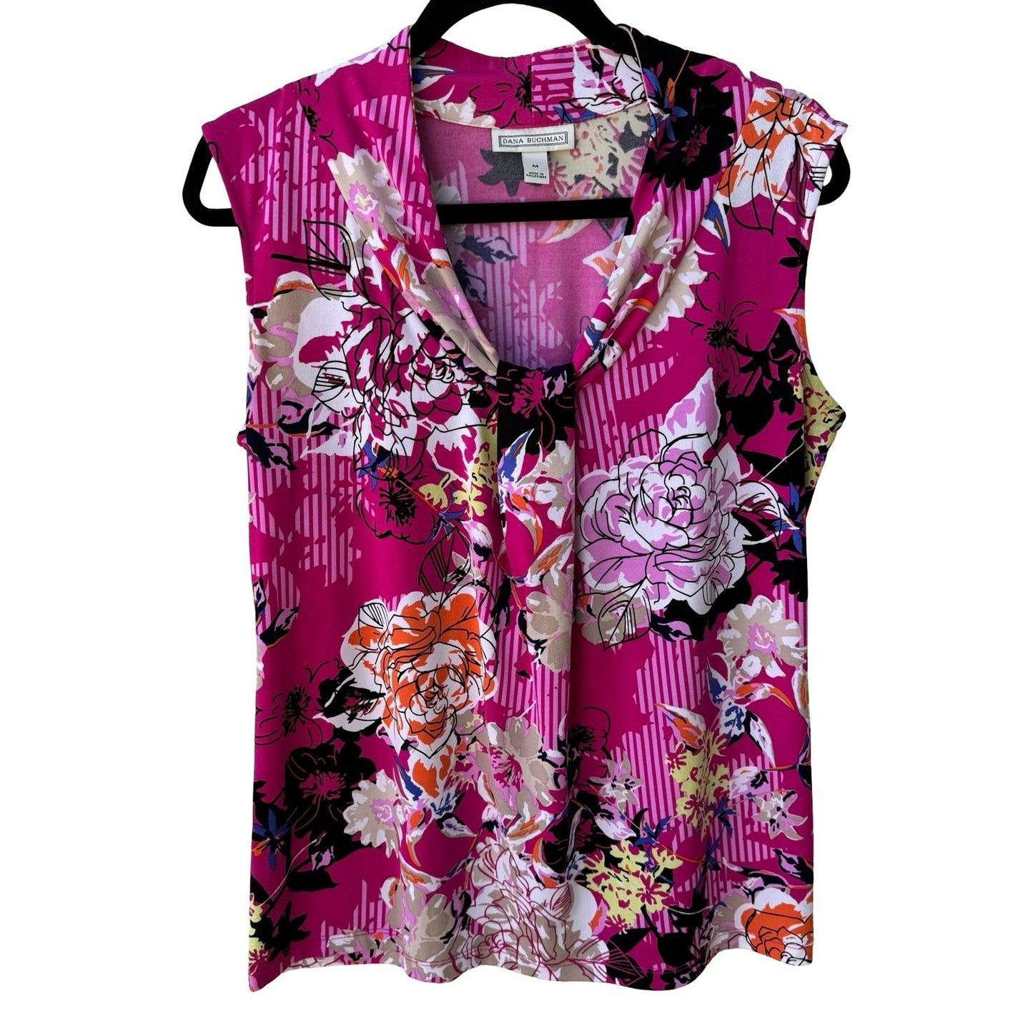 Dana Buchman Hot Pink Floral Cowl Neck Sleeveless Blouse Knit Top Pink Womens M