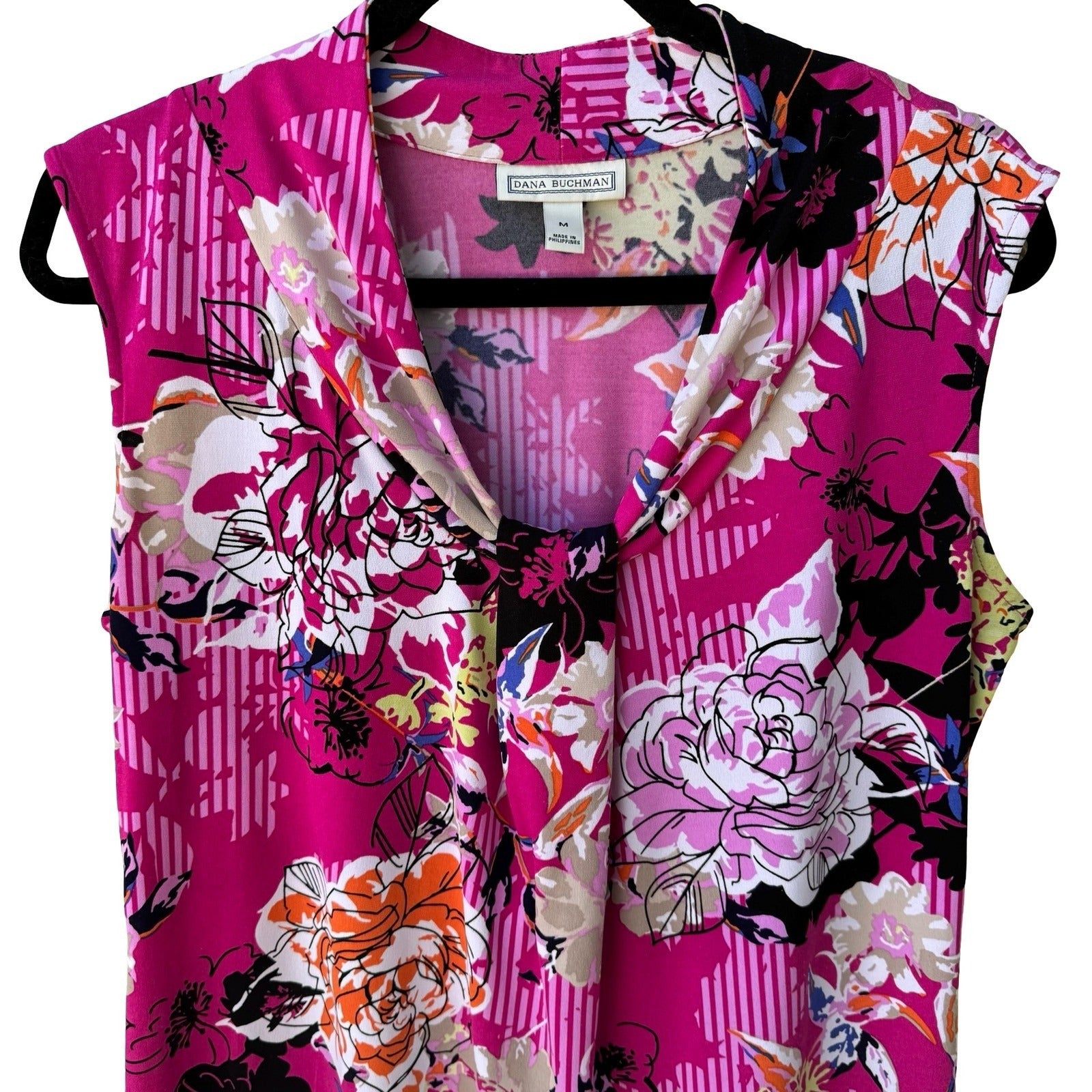 Dana Buchman Hot Pink Floral Cowl Neck Sleeveless Blouse Knit Top Pink Womens M