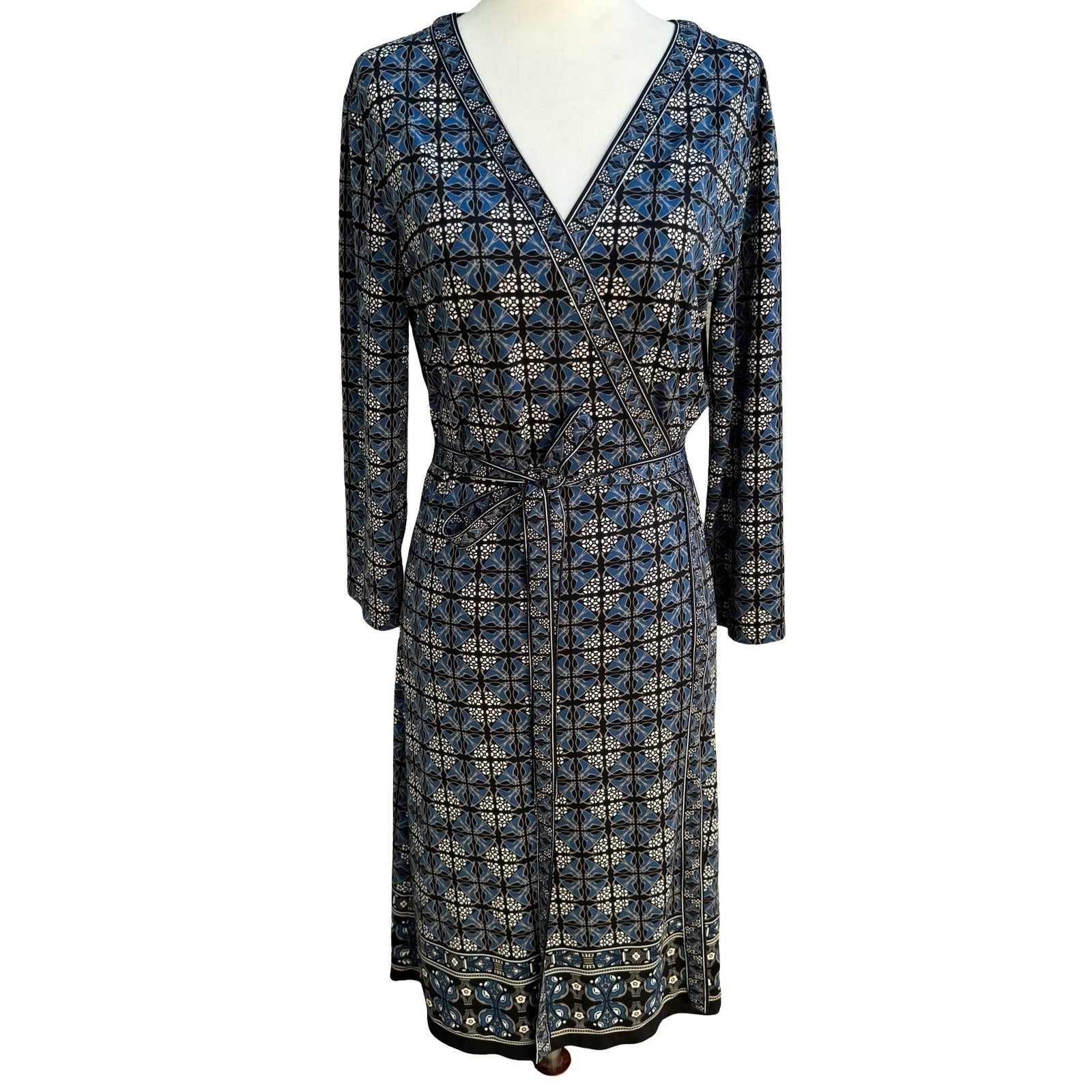 Max Studio Mod Geometric Tile Print Faux Wrap Jersey Dress Careerwear Blue M