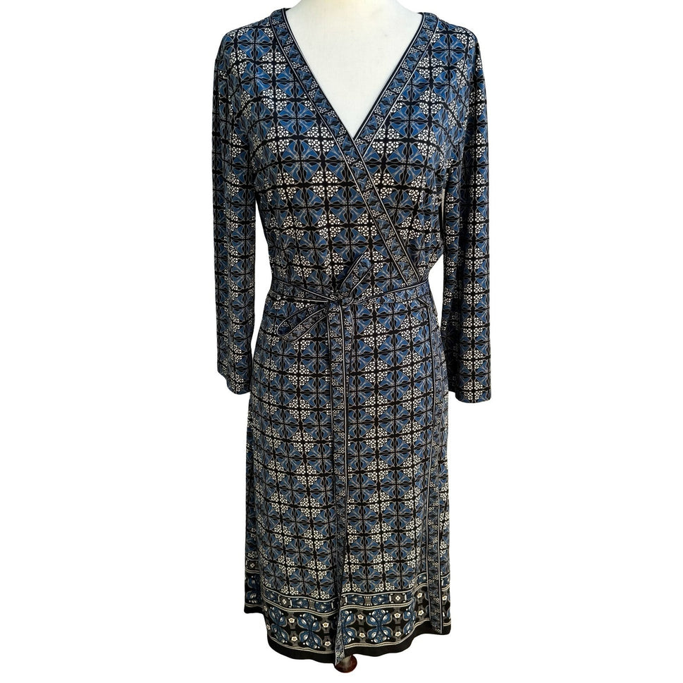 Max Studio Mod Geometric Tile Print Faux Wrap Jersey Dress Careerwear Blue M
