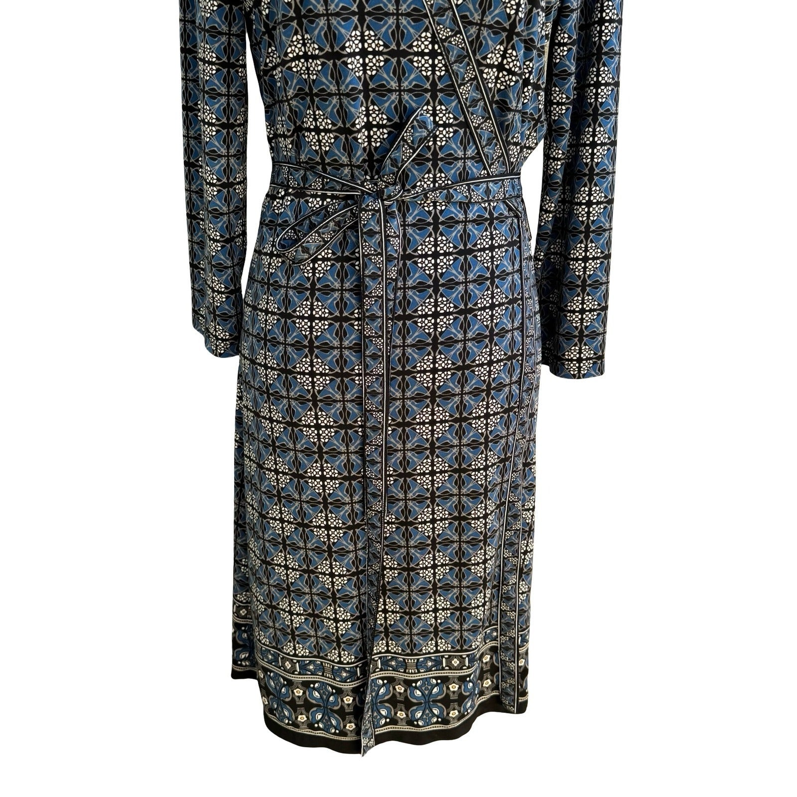Max Studio Mod Geometric Tile Print Faux Wrap Jersey Dress Careerwear Blue M