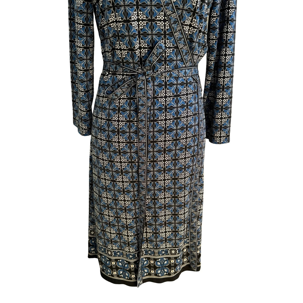 Max Studio Mod Geometric Tile Print Faux Wrap Jersey Dress Careerwear Blue M
