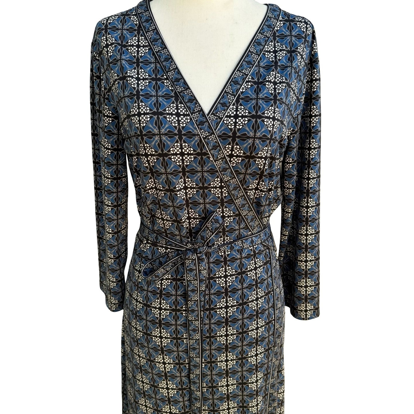 Max Studio Mod Geometric Tile Print Faux Wrap Jersey Dress Careerwear Blue M