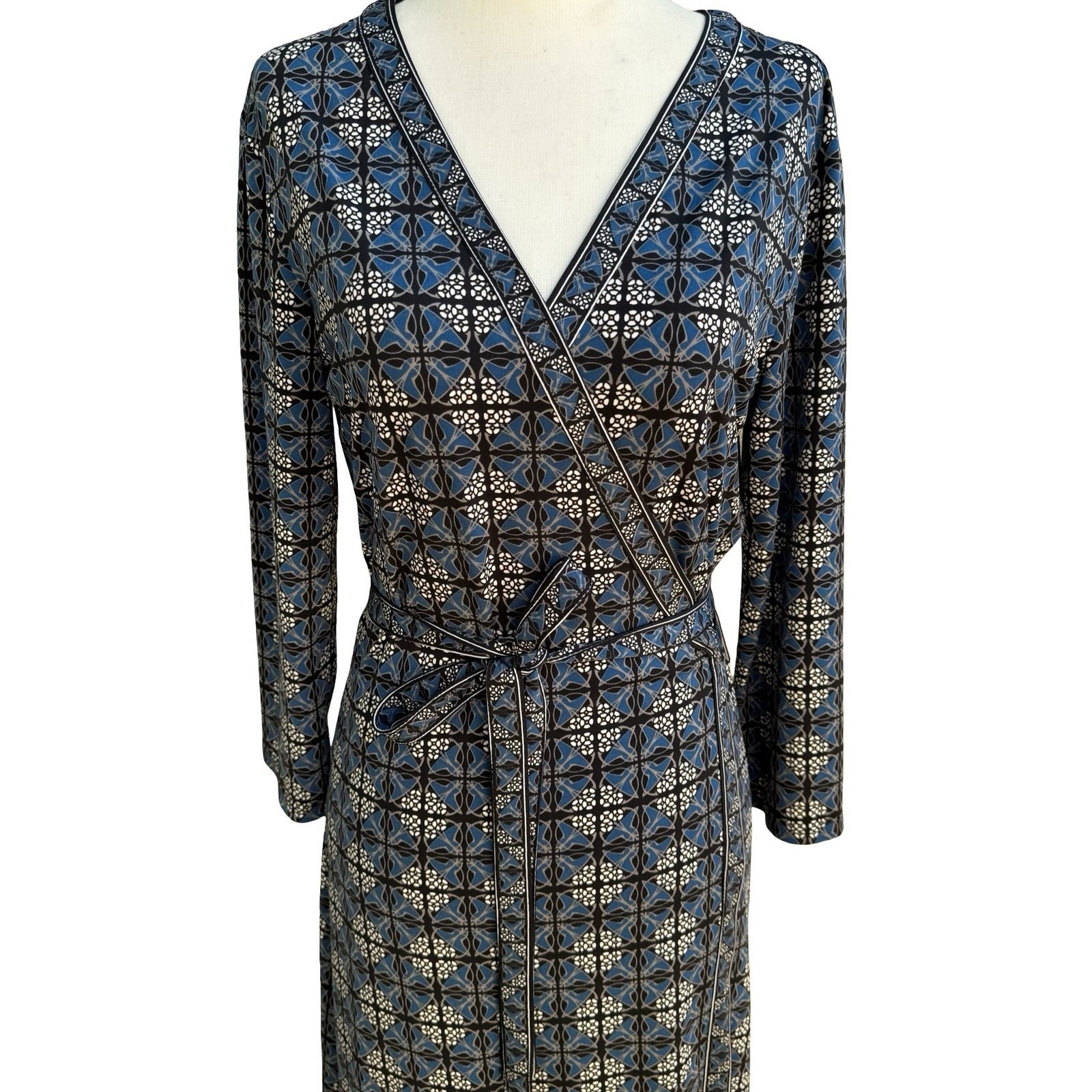 Max Studio Mod Geometric Tile Print Faux Wrap Jersey Dress Careerwear Blue M