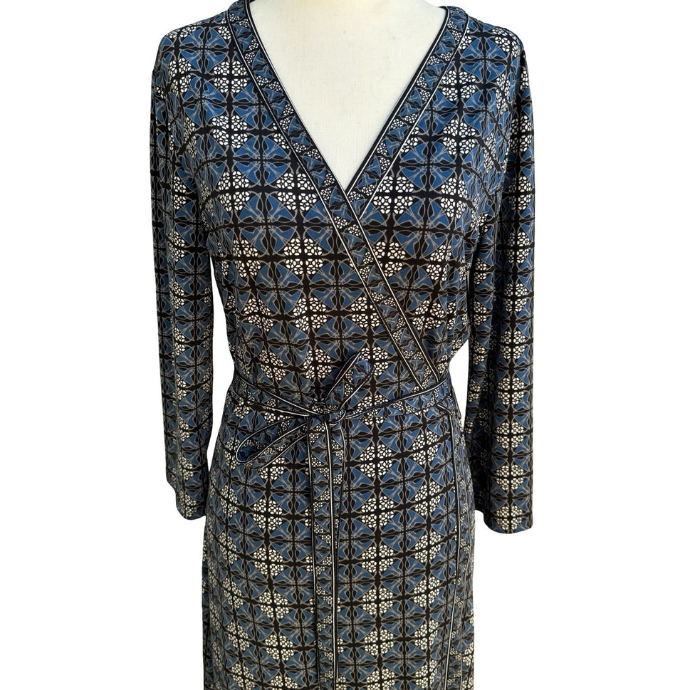 Max Studio Mod Geometric Tile Print Faux Wrap Jersey Dress Careerwear Blue M