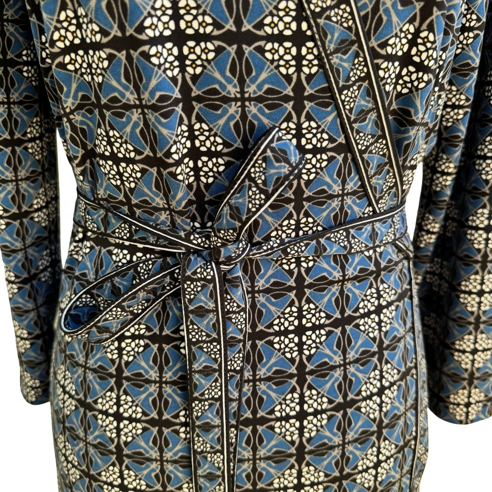 Max Studio Mod Geometric Tile Print Faux Wrap Jersey Dress Careerwear Blue M