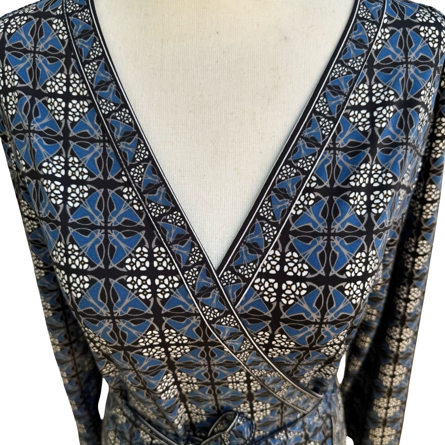 Max Studio Mod Geometric Tile Print Faux Wrap Jersey Dress Careerwear Blue M