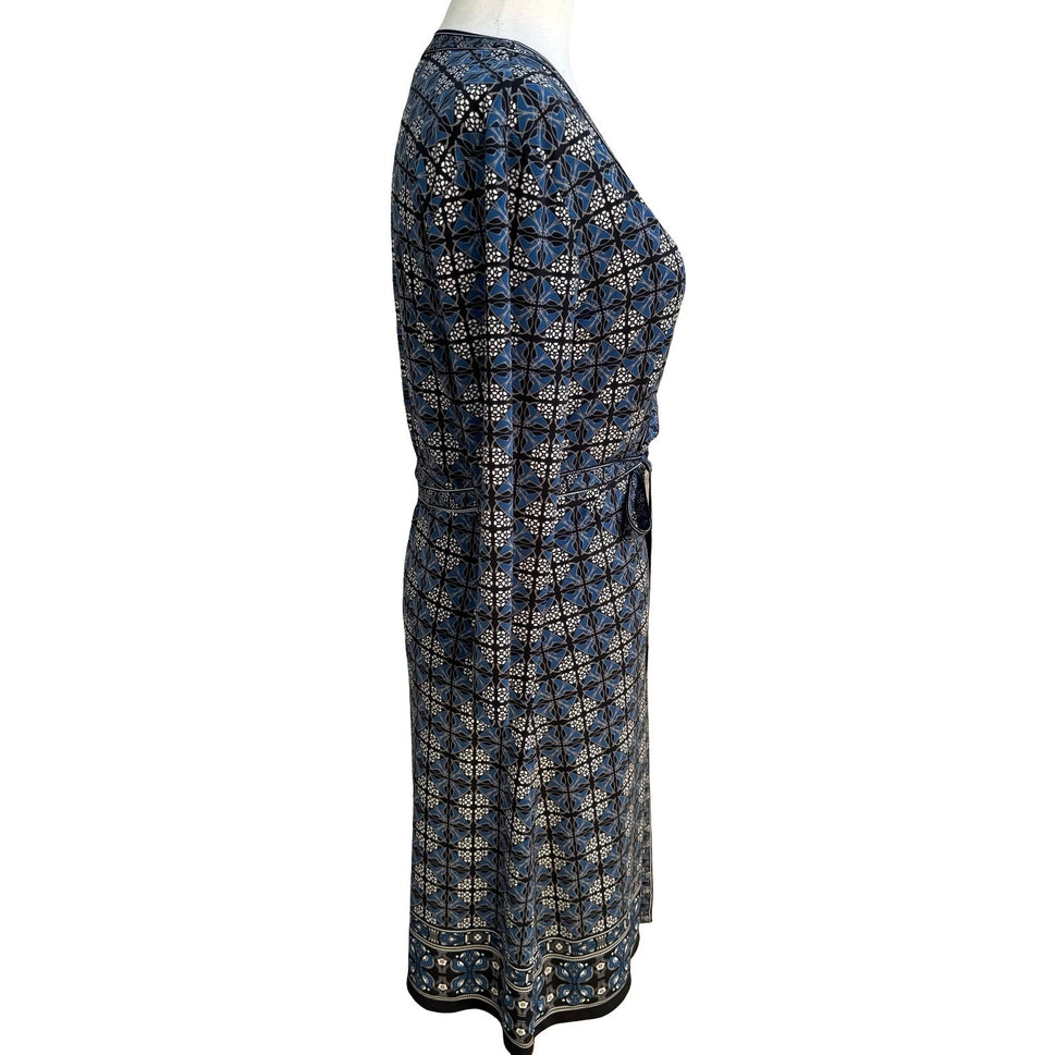 Max Studio Mod Geometric Tile Print Faux Wrap Jersey Dress Careerwear Blue M