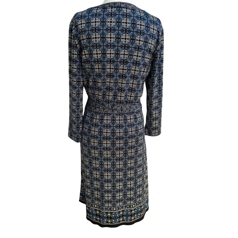 Max Studio Mod Geometric Tile Print Faux Wrap Jersey Dress Careerwear Blue M