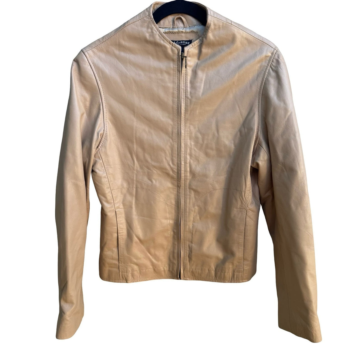 Lili Rose Y2K Minimalist Quiet Luxury Glazed Goat Moto Leather Zip Jacket Tan S