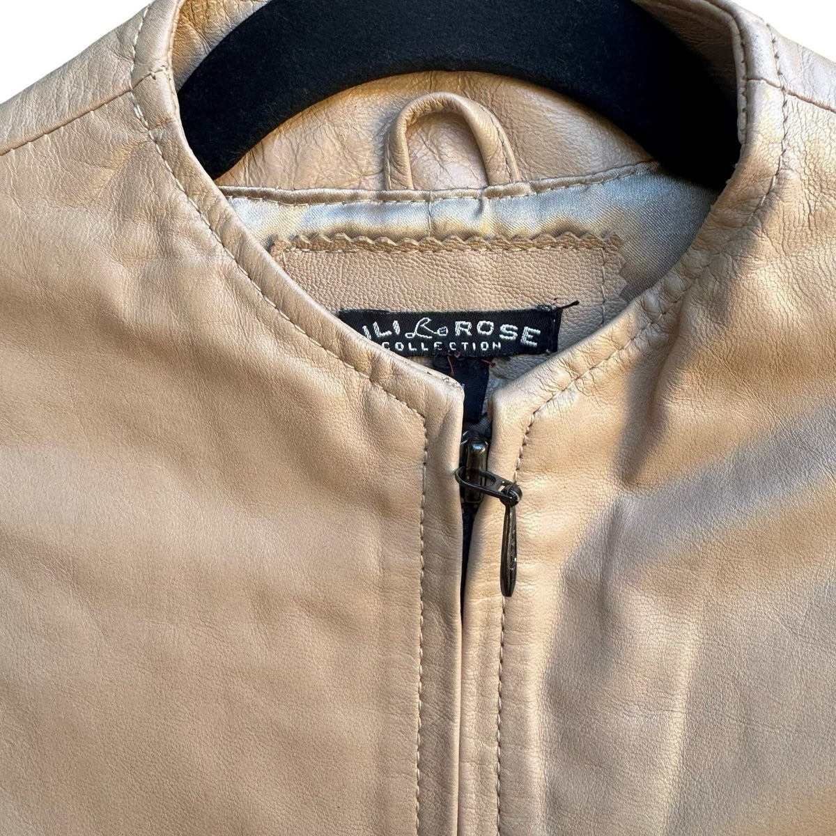 Lili Rose Y2K Minimalist Quiet Luxury Glazed Goat Moto Leather Zip Jacket Tan S