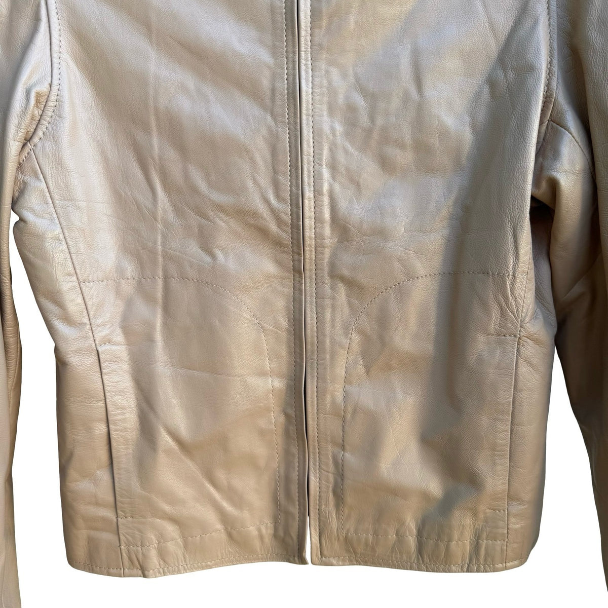Lili Rose Y2K Minimalist Quiet Luxury Glazed Goat Moto Leather Zip Jacket Tan S