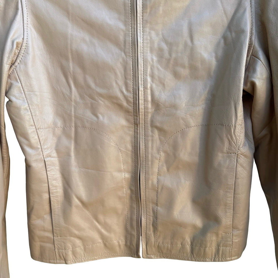 Lili Rose Y2K Minimalist Quiet Luxury Glazed Goat Moto Leather Zip Jacket Tan S