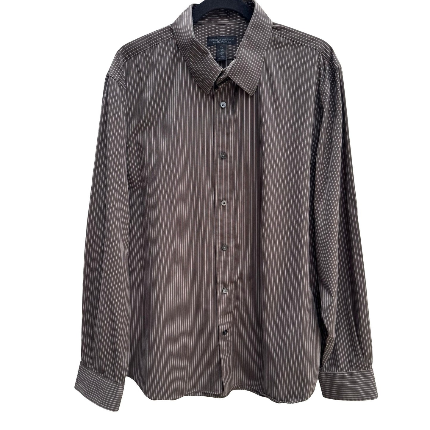 Express Design Studio Mens XL Brown Pinstripe 80s 2 Ply Cotton Modern Fit Shirt