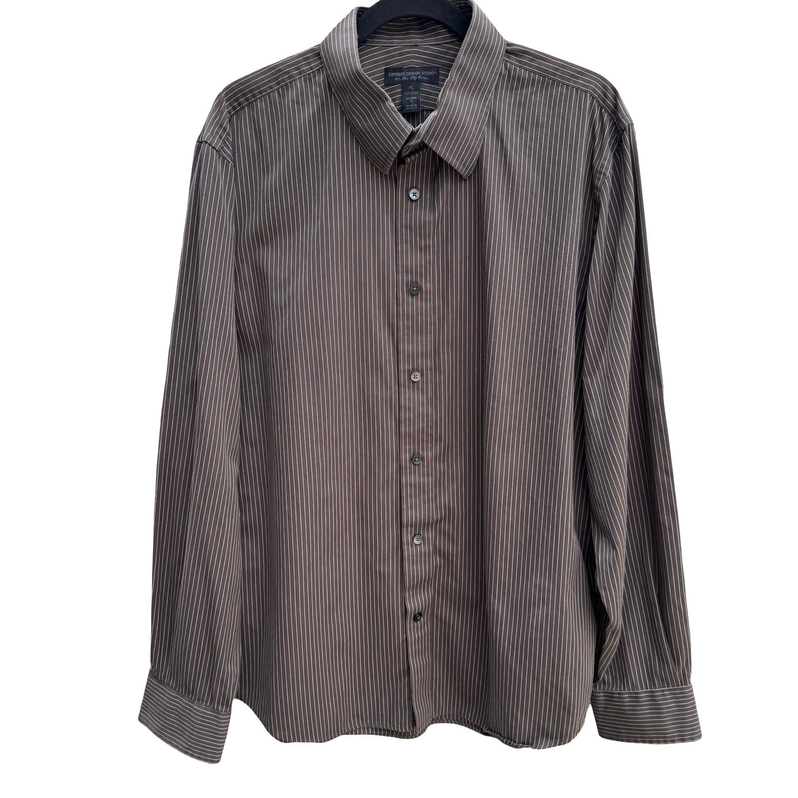 Express Design Studio Mens XL Brown Pinstripe 80s 2 Ply Cotton Modern Fit Shirt