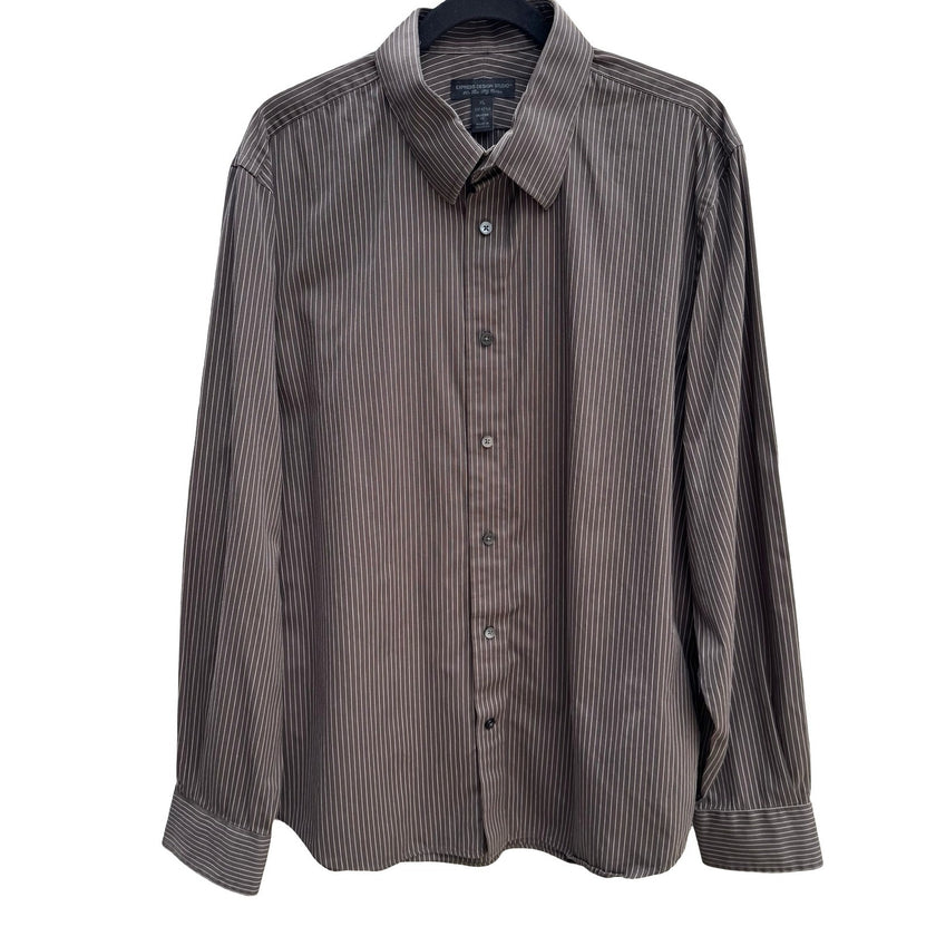 Express Design Studio Mens XL Brown Pinstripe 80s 2 Ply Cotton Modern Fit Shirt