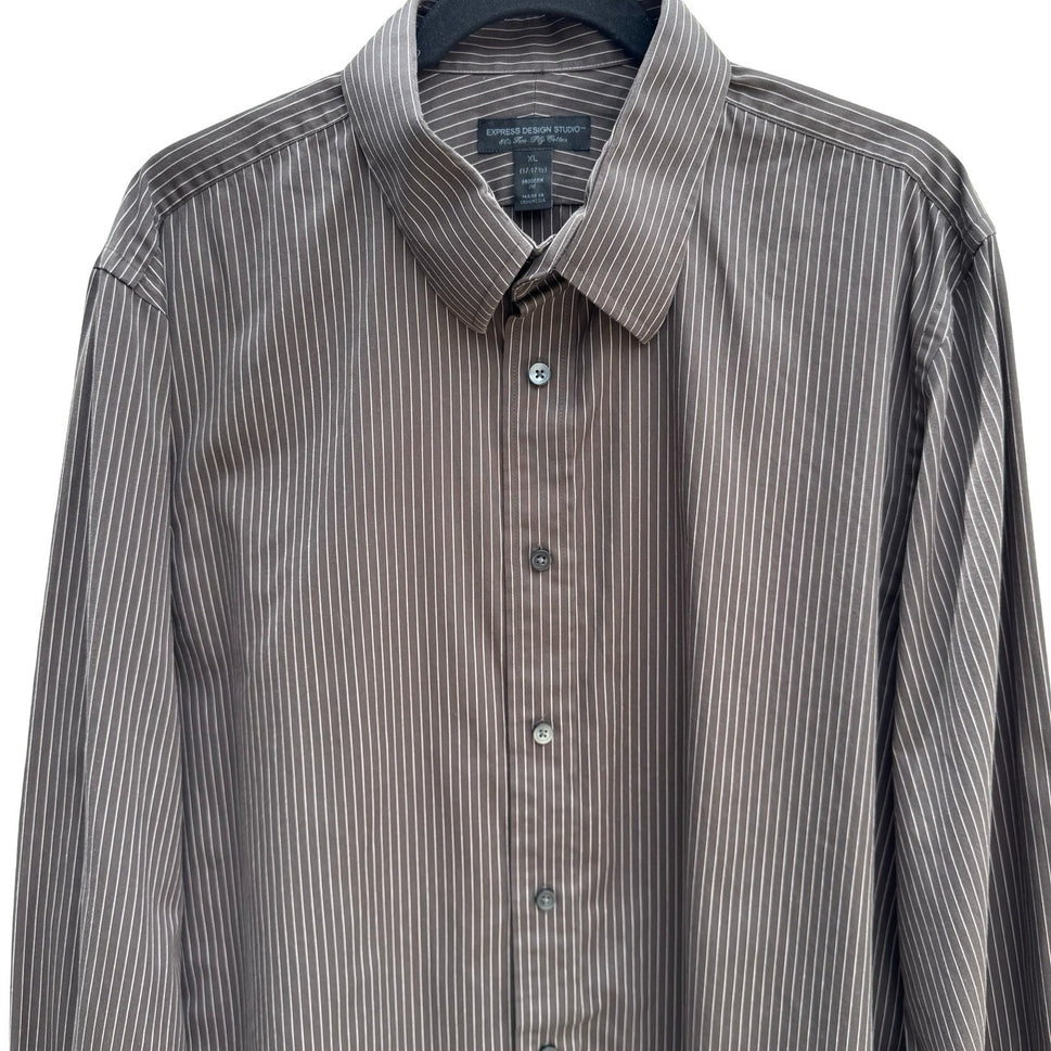 Express Design Studio Mens XL Brown Pinstripe 80s 2 Ply Cotton Modern Fit Shirt