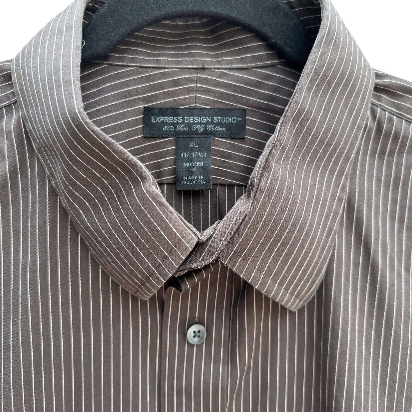 Express Design Studio Mens XL Brown Pinstripe 80s 2 Ply Cotton Modern Fit Shirt