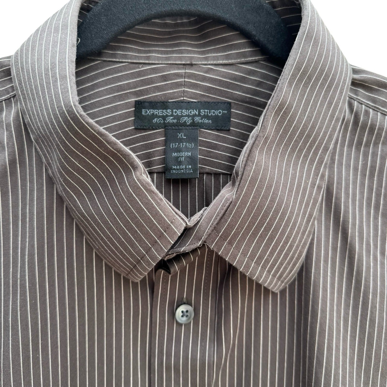 Express Design Studio Mens XL Brown Pinstripe 80s 2 Ply Cotton Modern Fit Shirt