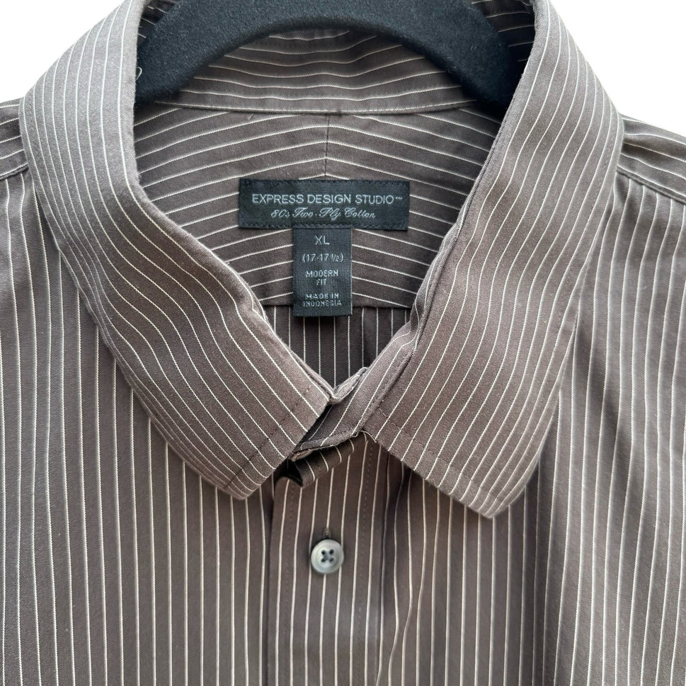 Express Design Studio Mens XL Brown Pinstripe 80s 2 Ply Cotton Modern Fit Shirt