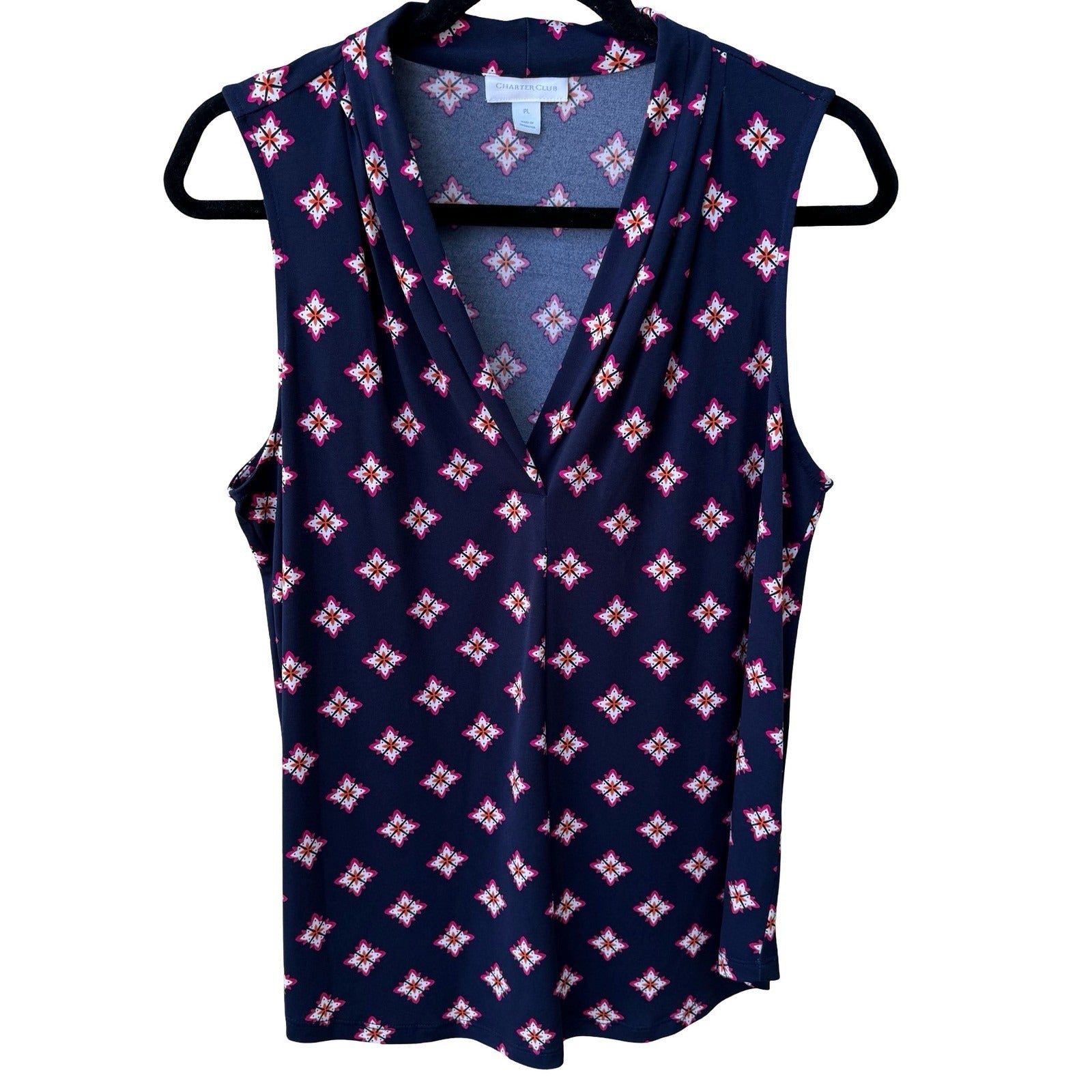 Charter Club Preppy Workwear Geometric Pleated V-Neck Sleeveless Blouse Navy L