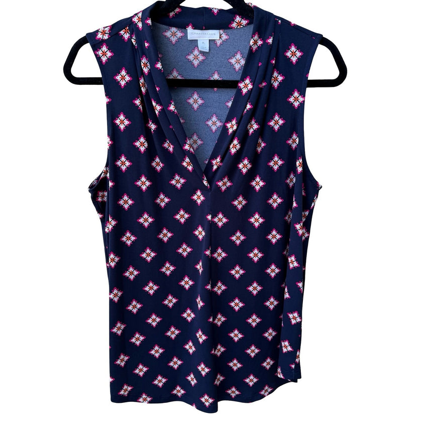Charter Club Preppy Workwear Geometric Pleated V-Neck Sleeveless Blouse Navy L