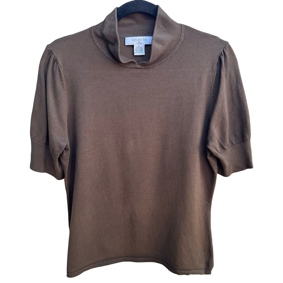 Liberte by Emanuel Silk Blend Preppy Feminine Puff Sleeve Knit Sweater Brown L