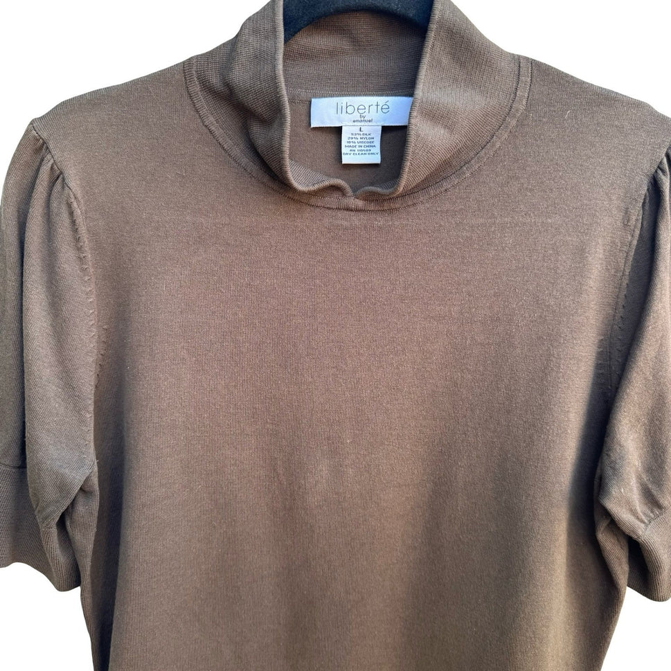 Liberte by Emanuel Silk Blend Preppy Feminine Puff Sleeve Knit Sweater Brown L