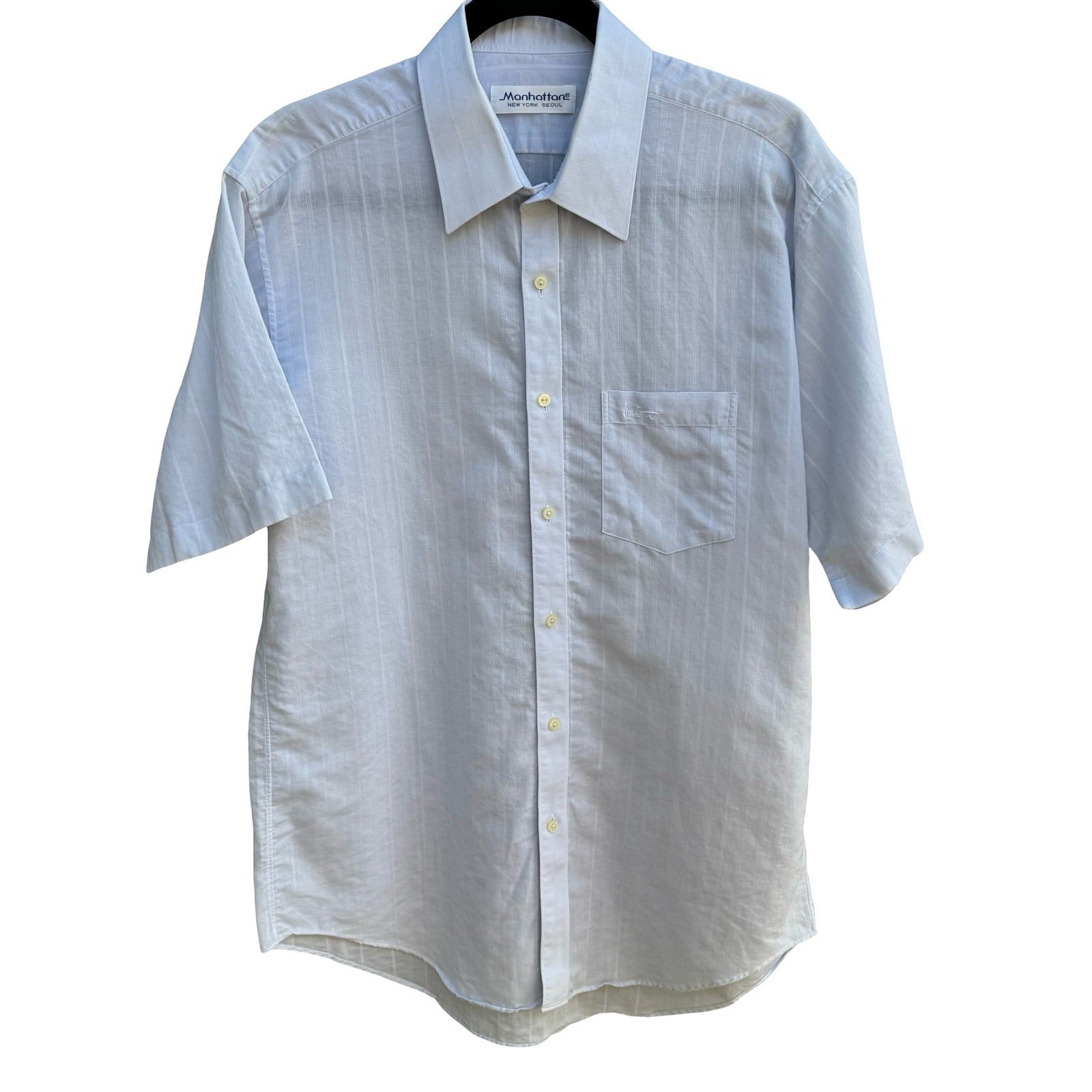 Manhattan Vintage 90s Preppy Shadow Stripe Linen Cotton Shirt Pastel Blue Mens L