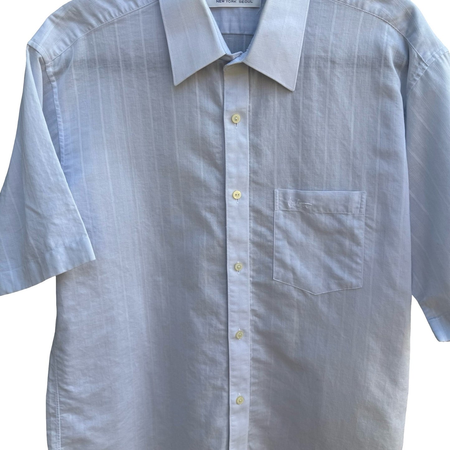 Manhattan Vintage 90s Preppy Shadow Stripe Linen Cotton Shirt Pastel Blue Mens L