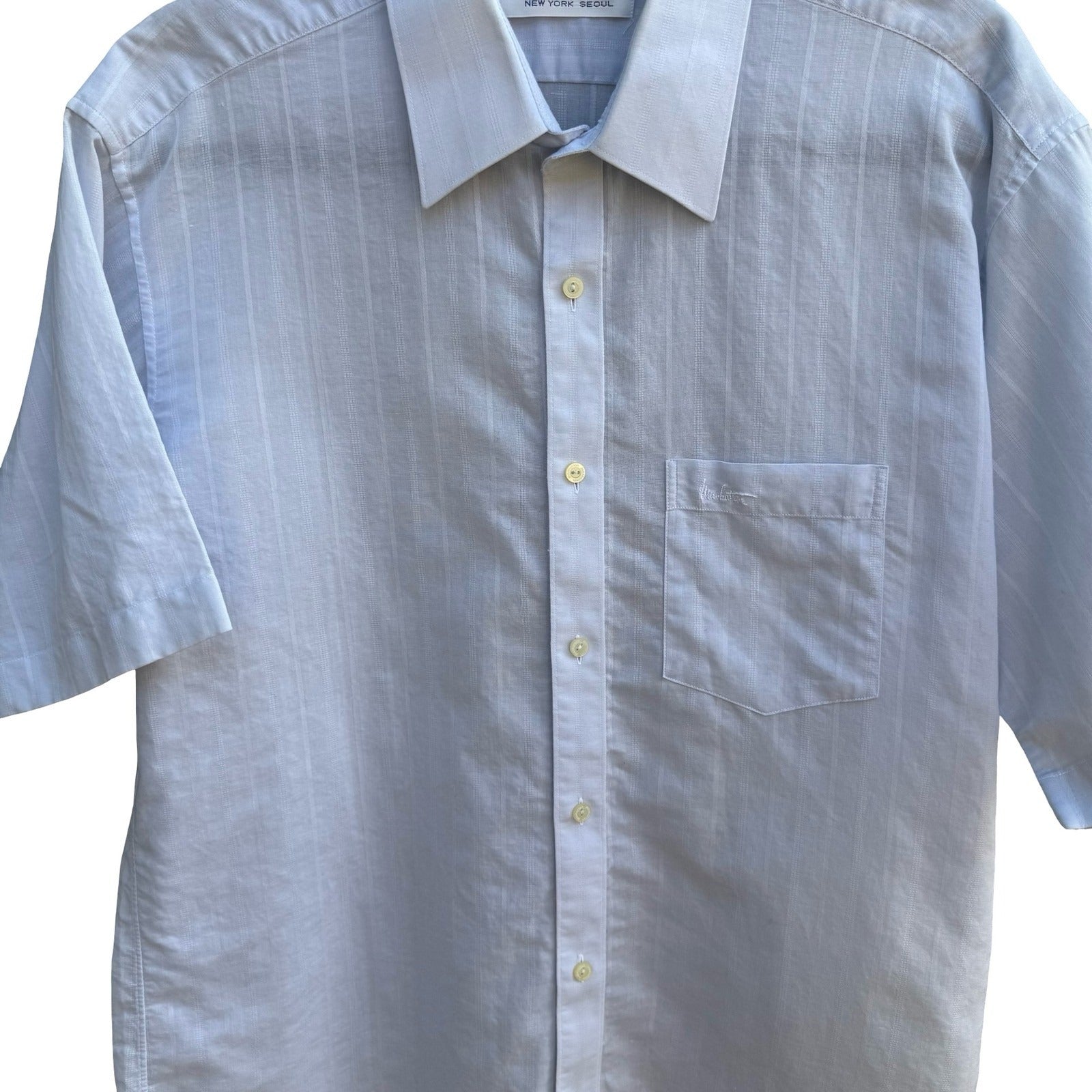 Manhattan Vintage 90s Preppy Shadow Stripe Linen Cotton Shirt Pastel Blue Mens L