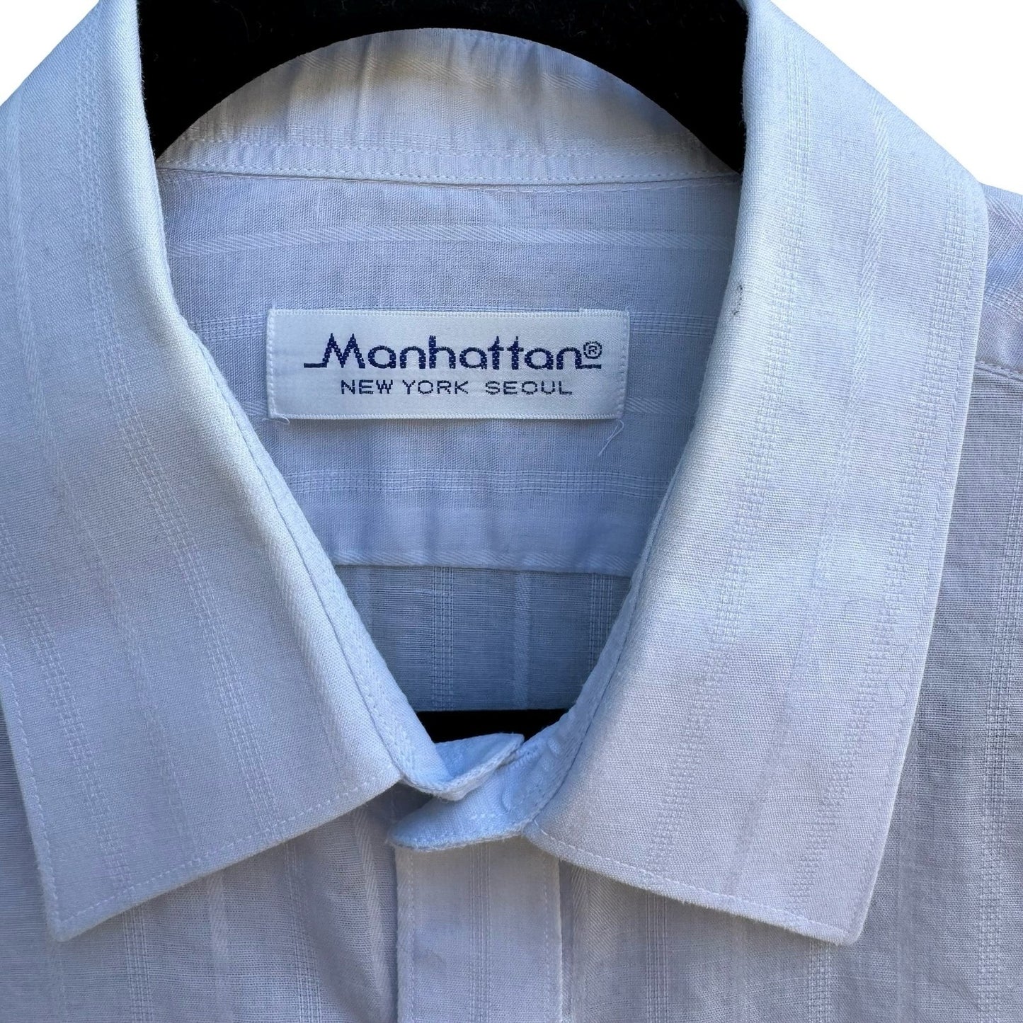 Manhattan Vintage 90s Preppy Shadow Stripe Linen Cotton Shirt Pastel Blue Mens L