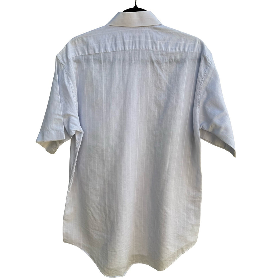 Manhattan Vintage 90s Preppy Shadow Stripe Linen Cotton Shirt Pastel Blue Mens L